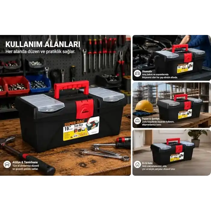 Super Bag 16 İnç Plastik Takım Çantası, Organizer Bölmeli Alet Çantası, Kilitli El Aleti Saklama ve Taşıma Kutusu, Ev Garaj Atölye Kullanımı, ASR2017
