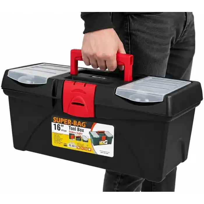 Super Bag 16 İnç Plastik Takım Çantası, Organizer Bölmeli Alet Çantası, Kilitli El Aleti Saklama ve Taşıma Kutusu, Ev Garaj Atölye Kullanımı, ASR2017