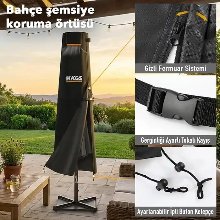 Haegs Bahçe Şemsiye Kılıfı, Veranda Parasol Konsol Şemsiyesi Brandası, Koruma Örtüsü, Su Geçirmez, Hava Koşullarına Dayanıklı Bahçe Gölgelik Güneşlik Örtüsü (240-57/57 cm) Siyah