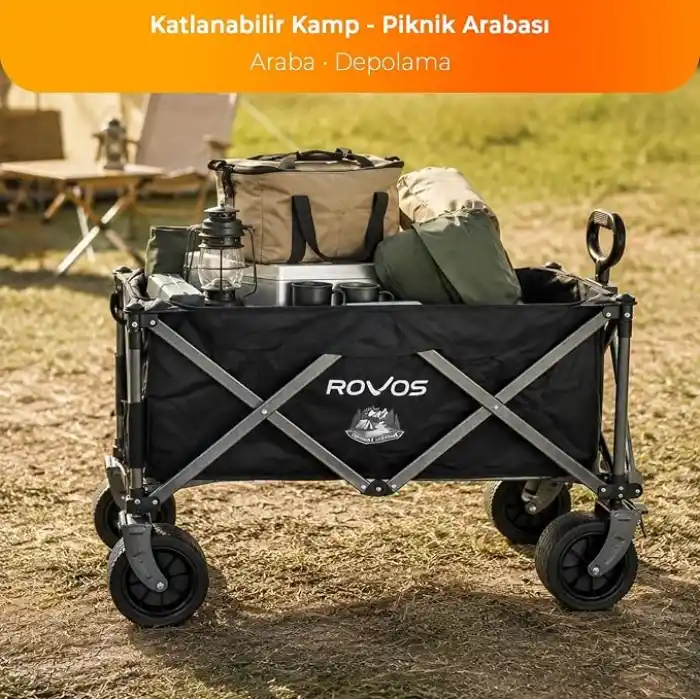 PİKAS ROVOS XXL Katlanır Kamp Arabası | 150 kg Frenli Büyük Tekerlekli Taşıma Arabası | Plaj, Piknik ve Outdoor Kullanım İçin Katlanabilir Kamp Arabası | Oxford Kumaş Siyah (Masasız)