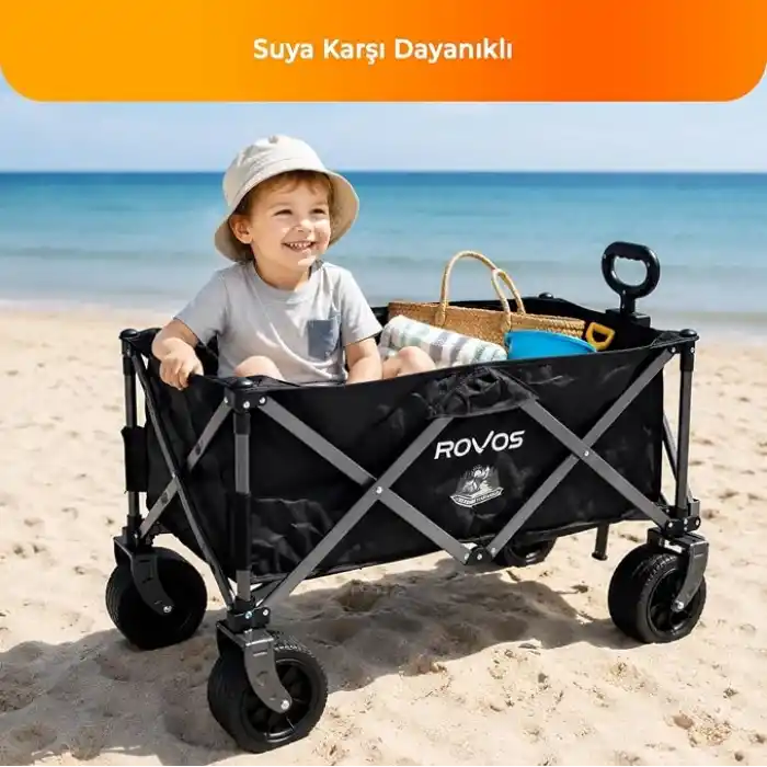 PİKAS ROVOS XXL Katlanır Kamp Arabası | 150 kg Frenli Büyük Tekerlekli Taşıma Arabası | Plaj, Piknik ve Outdoor Kullanım İçin Katlanabilir Kamp Arabası | Oxford Kumaş Siyah (Masasız)