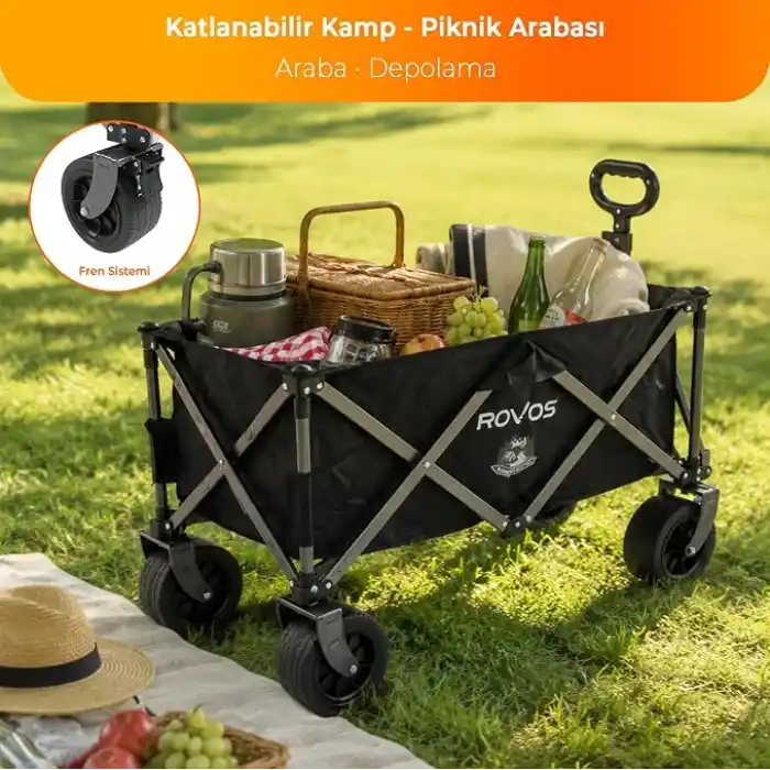 PİKAS ROVOS XXL Katlanır Kamp Arabası | 150 kg Frenli Büyük Tekerlekli Taşıma Arabası | Plaj, Piknik ve Outdoor Kullanım İçin Katlanabilir Kamp Arabası | Oxford Kumaş Siyah (Masasız)