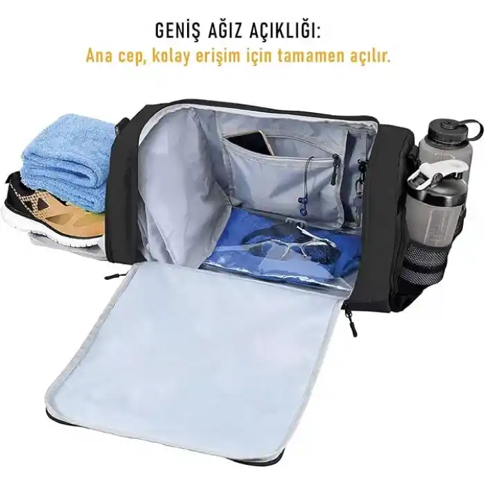 HAEGS Spor Çantası, 10 Cepli, Ayakkabı bölmeli, Su Geçirmez Islak Eşya Keseli, Organizer Tasarımlı Dayanıklı Bay Bayan Seyahat Çantası, Gym, Fitness Çantası - Siyah