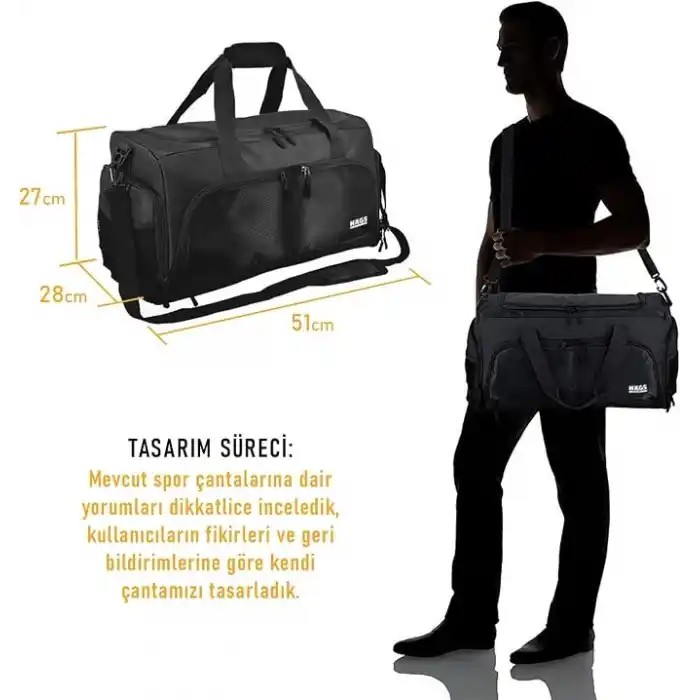 HAEGS Spor Çantası, 10 Cepli, Ayakkabı bölmeli, Su Geçirmez Islak Eşya Keseli, Organizer Tasarımlı Dayanıklı Bay Bayan Seyahat Çantası, Gym, Fitness Çantası - Siyah