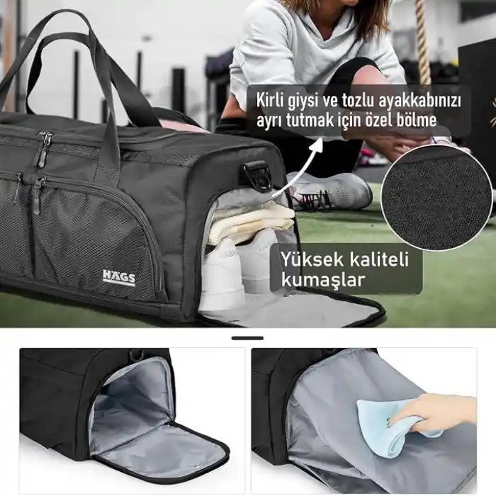 HAEGS Spor Çantası, 10 Cepli, Ayakkabı bölmeli, Su Geçirmez Islak Eşya Keseli, Organizer Tasarımlı Dayanıklı Bay Bayan Seyahat Çantası, Gym, Fitness Çantası - Siyah