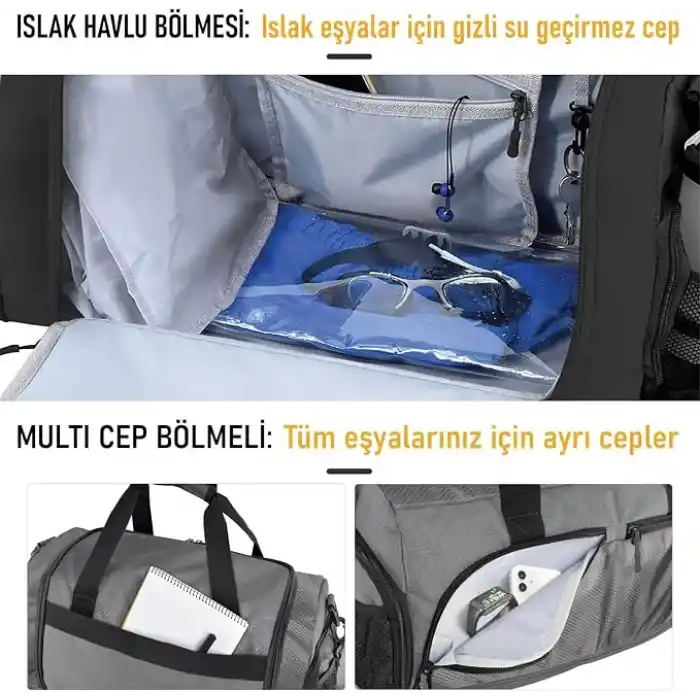 HAEGS Spor Çantası, 10 Cepli, Ayakkabı bölmeli, Su Geçirmez Islak Eşya Keseli, Organizer Tasarımlı Dayanıklı Bay Bayan Seyahat Çantası, Gym, Fitness Çantası - Siyah