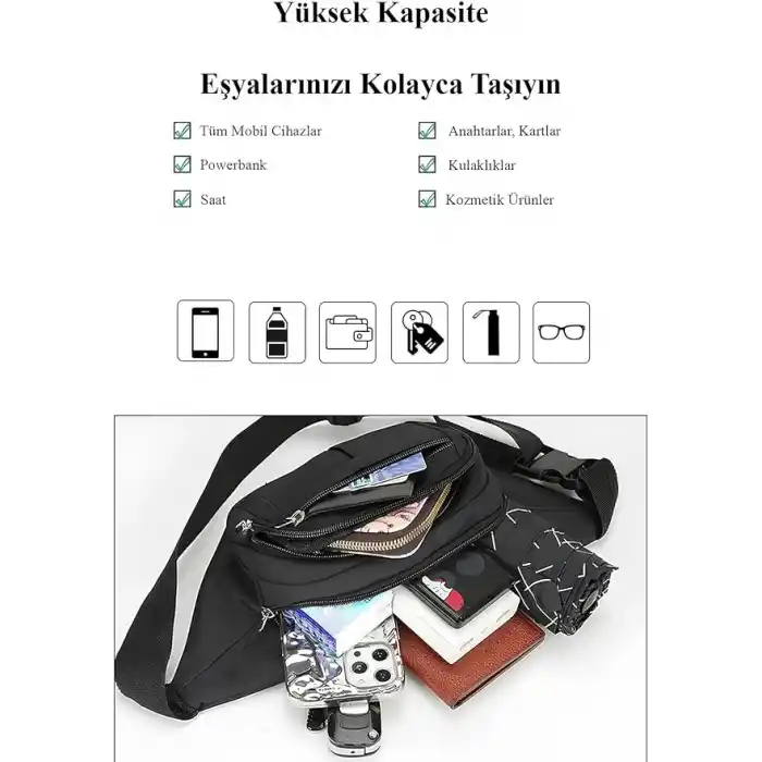 Av A Dos Siyah Unisex Suya Dayanıklı Çapraz Askılı Omuz Bel Çanta Günlük Yürüyüş Koşu Outdoor Çanta