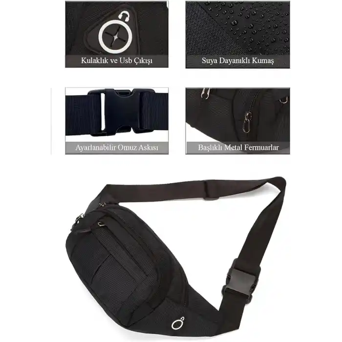 Av A Dos Siyah Unisex Suya Dayanıklı Çapraz Askılı Omuz Bel Çanta Günlük Yürüyüş Koşu Outdoor Çanta