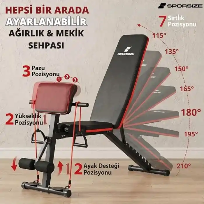 Sporsize Adjustable Shuttle Weight Bench – Ayarlanabilir Ağırlık ve Mekik Sehpası, 7 Sırt Açısı & 3 Oturma Pozisyonu, Katlanabilir Çelik Gövde, Ev Tipi Profesyonel Kullanım