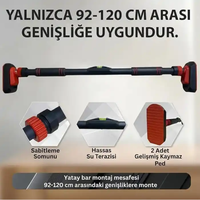 Vidasız Montaj Barfiks Aleti 92-120 Cm Arası - Ayarlanabilir Barfiks Demiri, Kapı Barı ve Çekme Barı, Dayanıklı Çelik Yapı, Barfiks Çubuğu, Üst Vücut Egzersizi, Fitness,Barfix, Barfiks Barı
