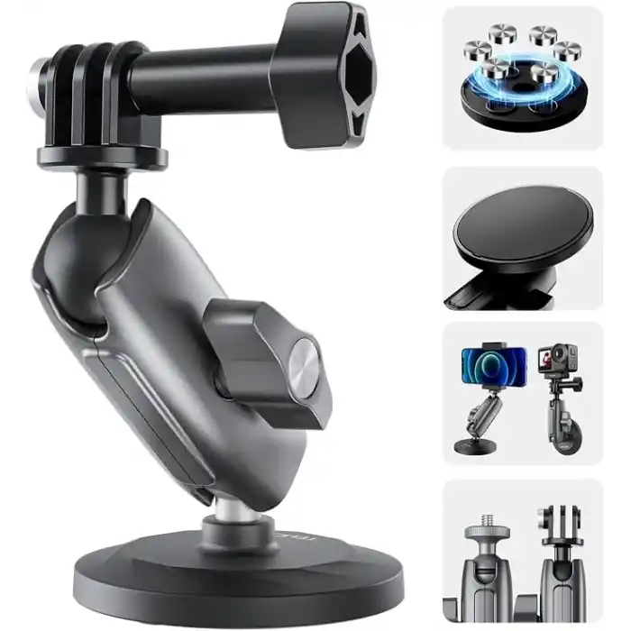 TELESIN Manyetik Aksiyon Kamera Tutucu 360° Döner Çift Bilyalı Başlık Metal Montaj Aparatı Güçlü Mıknatıslı Araç Dışı Çekim Vlog Video Kayıt Sabitleyici 1/4 Adaptörlü, CMM-001
