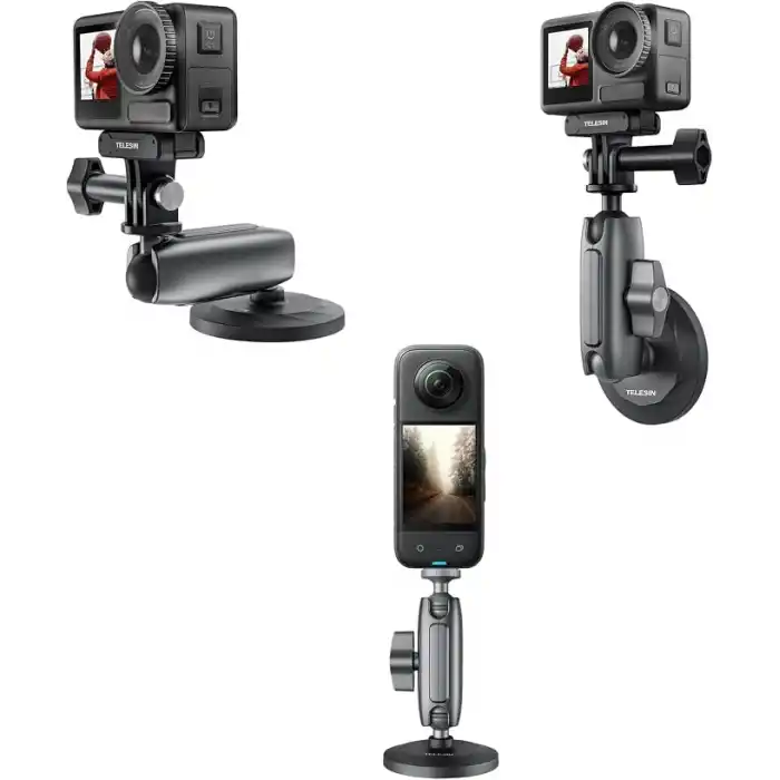 TELESIN Manyetik Aksiyon Kamera Tutucu 360° Döner Çift Bilyalı Başlık Metal Montaj Aparatı Güçlü Mıknatıslı Araç Dışı Çekim Vlog Video Kayıt Sabitleyici 1/4 Adaptörlü, CMM-001