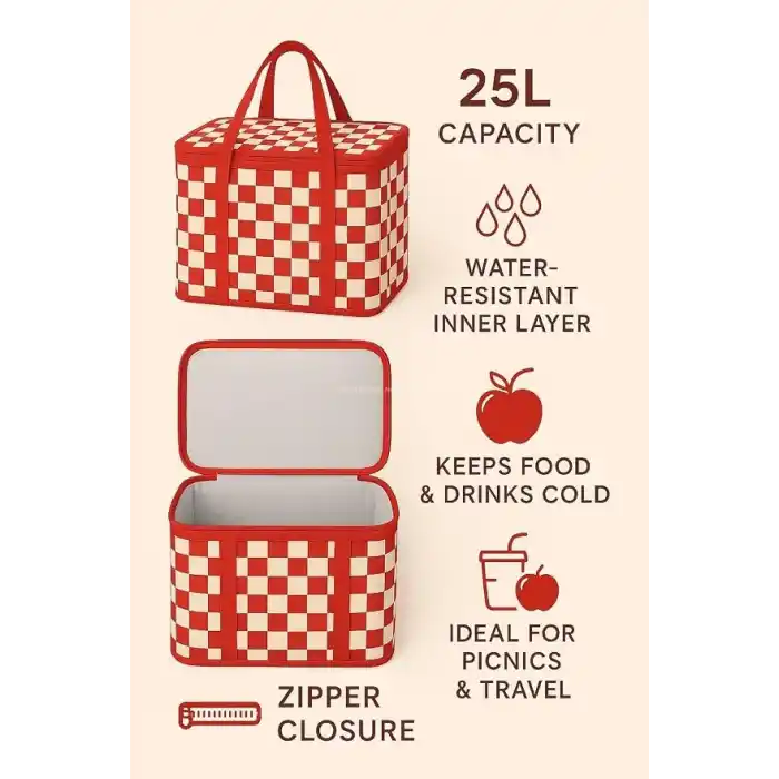 Busstier 25 Lt Termos Çanta, 33x22x22 cm Piknik ve Kamp Soğutucu Çanta, Suya Dayanıklı İç Kaplama, Geniş Hacimli Taşınabilir Soğuk Tutucu, Fermuarlı Kapaklı, İzolasyonlu Beslenme Çantası