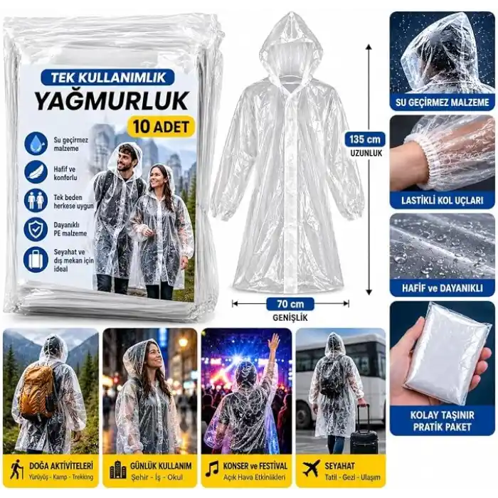 AEE® 10 Adet Şeffaf Tek Kullanımlık Yağmurluk – Su Geçirmez Yağmurluk Panço, Kapüşonlu Hafif Yağmurluk, Yetişkin Unisex Yağmurluk, Kamp, Doğa, Seyahat ve Açık Hava Kullanımı