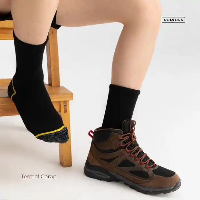 SONNORS 3 Çift Erkek Çorap - Uzun Havlu Kışlık Outdoor Kamp Kar Çorabı Kadın - Pamuklu Yastıklı Nefes Alabilen Kalın Çorap - Siyah