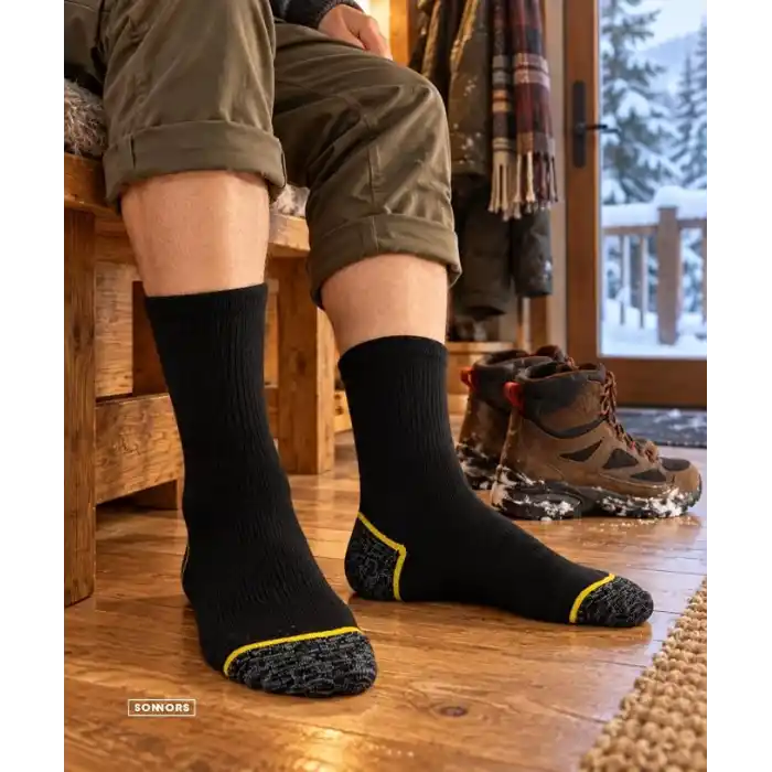 SONNORS 3 Çift Erkek Çorap - Uzun Havlu Kışlık Outdoor Kamp Kar Çorabı Kadın - Pamuklu Yastıklı Nefes Alabilen Kalın Çorap - Siyah