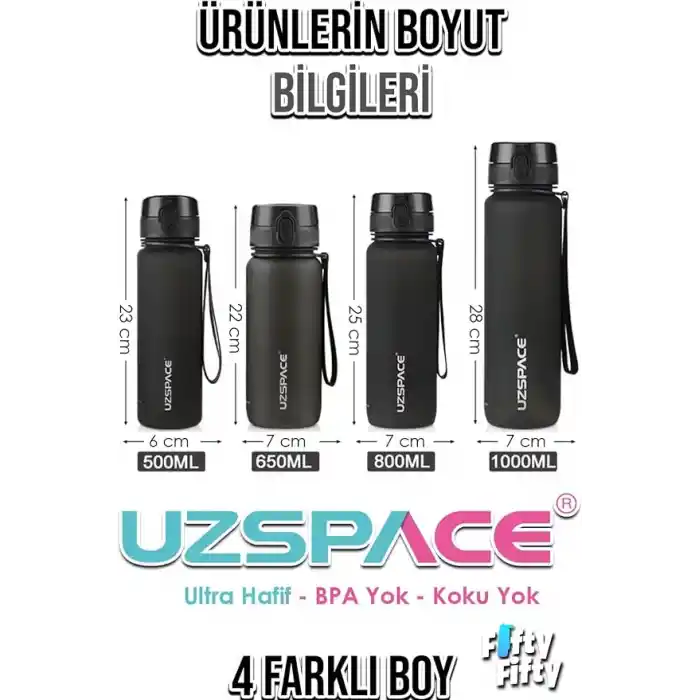 UZSPACE 800ml -YENİ EBAT-Çift Renk Softtouch Tritan Su Matarası -Turkuaz, Mavi-turkuaz
