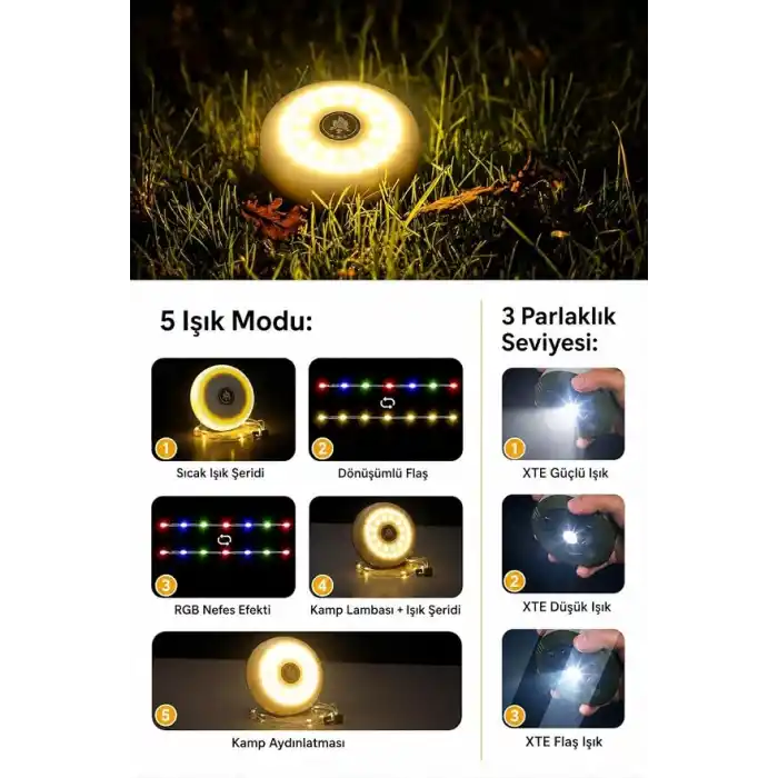 Neo Vista Çok Fonksiyonlu Kamp Lambası 1200 mAh Bataryalı ve 10 Metre RGB Işık Şeridi