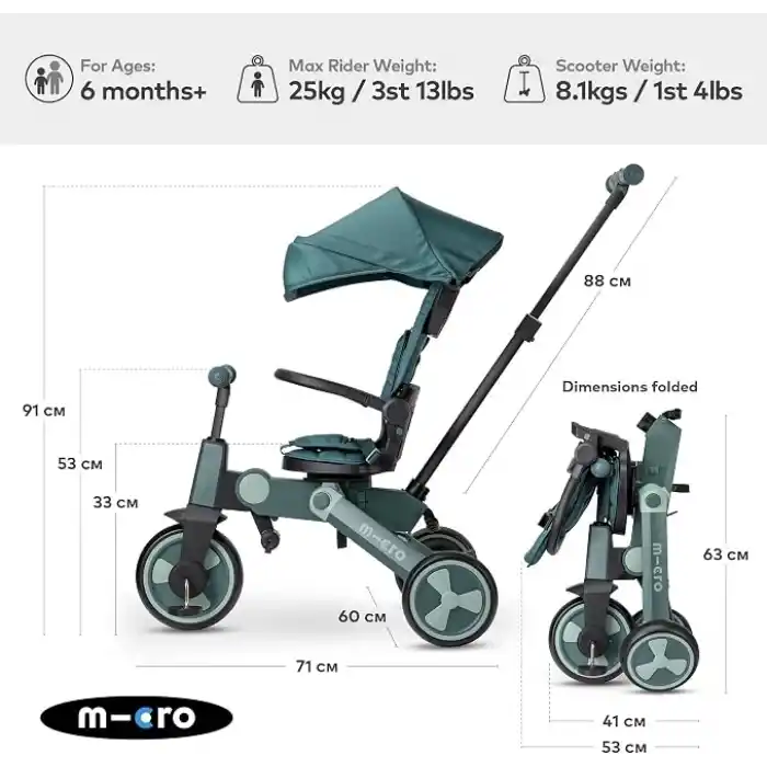 Micro 4in1 Katlanabilir Bisiklet Matcha, 6 Aydan 6 Yaşa Kadar, 360° Dönebilen Koltuk, Ebeveyn Kontrol, Akıllı Kilitleme Freni ve Yıkama Koltuğu