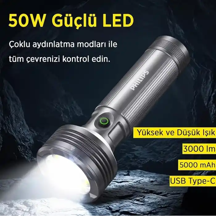 Philips SFL6253/93 3000 Lümen 50W LED El Feneri Metal Gövdeli 9 Modlu Çıkarılabilir Pilli Şarj Edilebilir Çift Açılı Flashlight Siyah