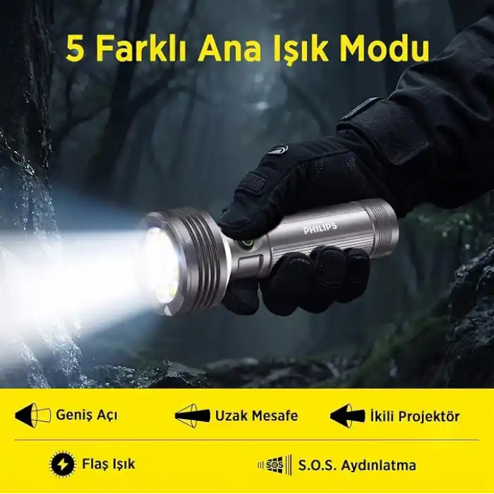 Philips SFL6253/93 3000 Lümen 50W LED El Feneri Metal Gövdeli 9 Modlu Çıkarılabilir Pilli Şarj Edilebilir Çift Açılı Flashlight Siyah