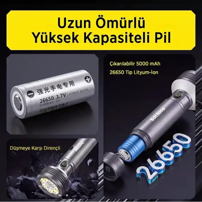 Philips SFL6253/93 3000 Lümen 50W LED El Feneri Metal Gövdeli 9 Modlu Çıkarılabilir Pilli Şarj Edilebilir Çift Açılı Flashlight Siyah