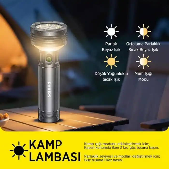 Philips SFL6253/93 3000 Lümen 50W LED El Feneri Metal Gövdeli 9 Modlu Çıkarılabilir Pilli Şarj Edilebilir Çift Açılı Flashlight Siyah