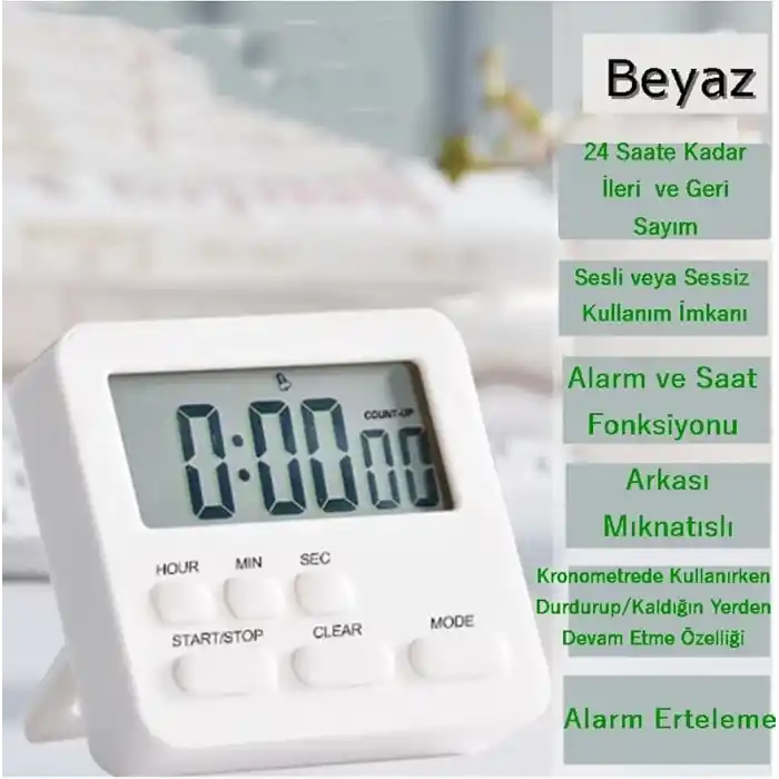 gaman Alarmlı Dijital Öğrenci Sınav Kronometresi 24 Saat Geri Sayım Cihazı Saat - Alarm/Kronometre BEYAZ Beyaz