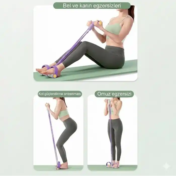 Lastikli Mekik Çekme Aleti, karın, bel, kol, bacak, pedal direnç bandı, elastik çekme yoga, mor