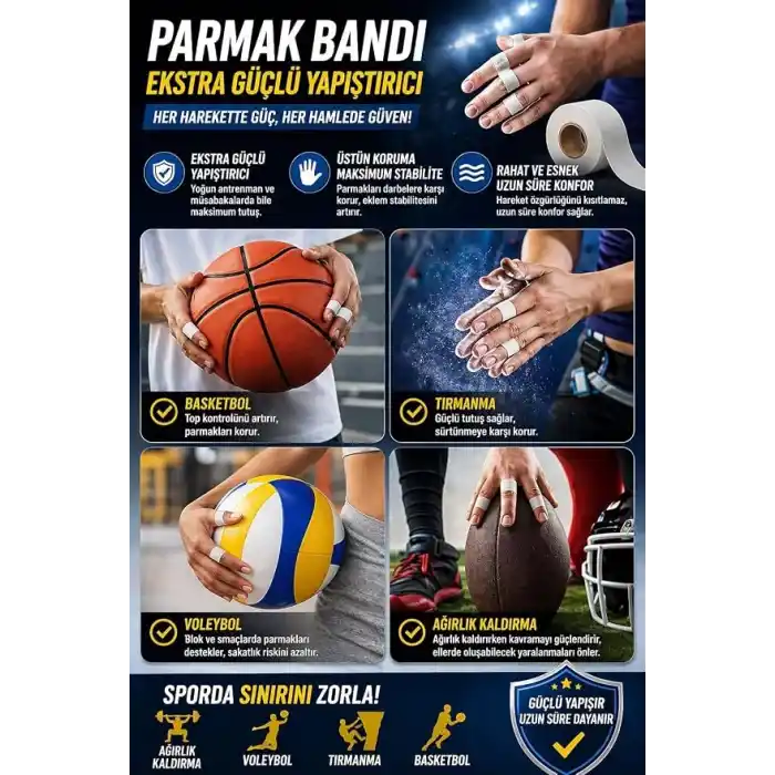 Sporcu Bandı Ekstra Güçlü Yapıştırıcı, Ağırlık Kaldırma İçin Atletik, Voleybol, Tırmanma Basketbol 2,5 Cm Beyaz Renk