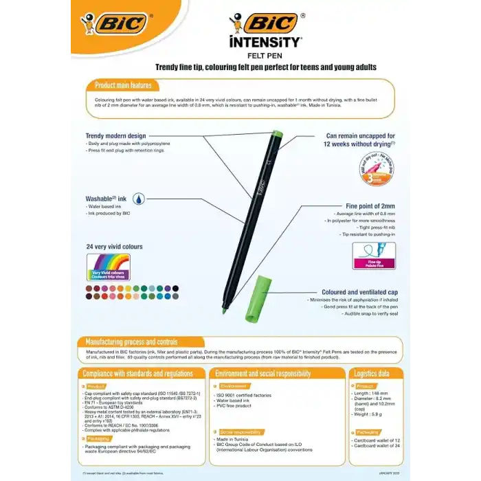 BIC Intensity Keçeli kalemler, yetişkinler ve gençler için, 24 yıkanabilir renk, sağlam uçlu, karton kutuda