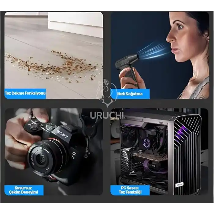 URUCHI X3 2026 Şarjlı Hava Üfleyici & Vakum – Gerçek 130000 RPM, 8000mAh Batarya, 3 Kademeli Turbo Toz Üfleyici ve Çekici, Bilgisayar, Klavye, Ev, Araç ve Dış Mekan Kullanımı, Çantalı