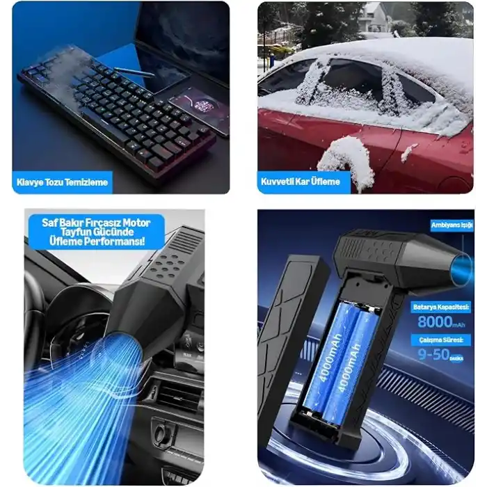 URUCHI X3 2026 Şarjlı Hava Üfleyici & Vakum – Gerçek 130000 RPM, 8000mAh Batarya, 3 Kademeli Turbo Toz Üfleyici ve Çekici, Bilgisayar, Klavye, Ev, Araç ve Dış Mekan Kullanımı, Çantalı