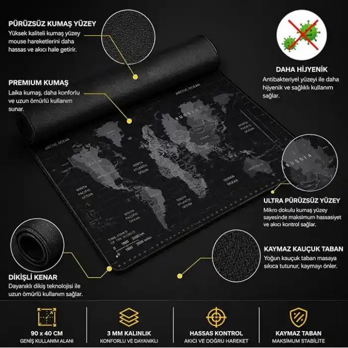 McStorey 90x40 cm Mouse Pad, Dünya Haritası Desenli Büyük Mouse Pad, Kaymaz Kauçuk Tabanlı, Dikişli Kenarlı 3 mm Klavye ve Mouse Altlığı, XXL Desk Mat, Ofis ve Gaming Masa Pedi
