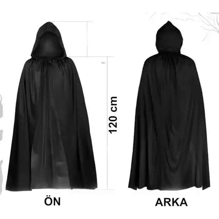 Siyah Uzun Pelerin 120 cm Kapüşonlu – Cosplay ve Parti Kostümü