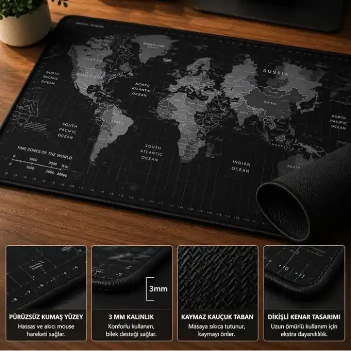 McStorey 90x40 cm Mouse Pad, Dünya Haritası Desenli Büyük Mouse Pad, Kaymaz Kauçuk Tabanlı, Dikişli Kenarlı 3 mm Klavye ve Mouse Altlığı, XXL Desk Mat, Ofis ve Gaming Masa Pedi
