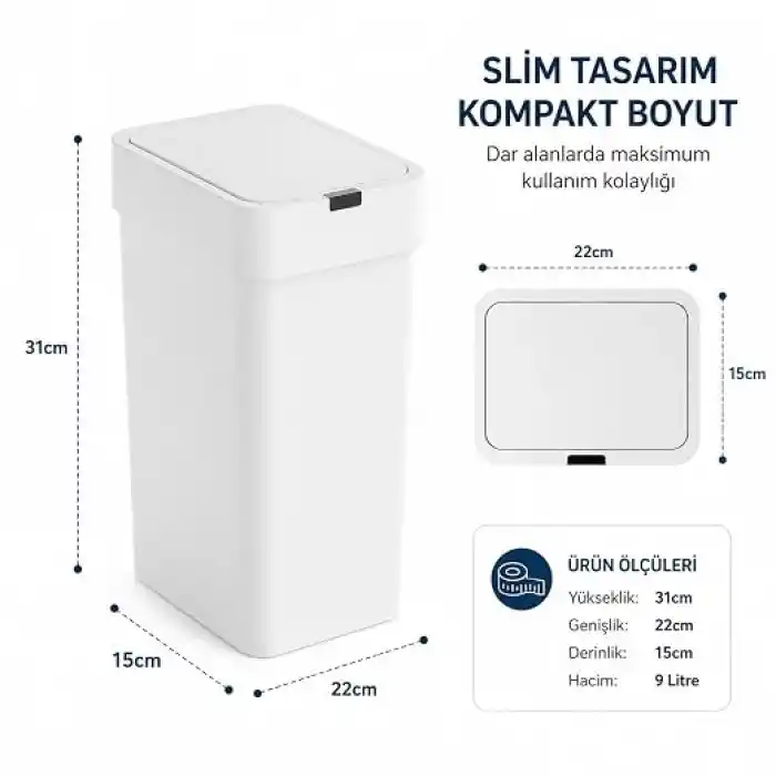9 Litre Slim Sensörlü Çöp Kovası, Otomatik Temassız Akıllı Çöp Kutusu, Sessiz Kapanan, 2 AA Pille Çalışan, Dar Alanlar İçin Banyo, Mutfak ve Ofis Beyaz