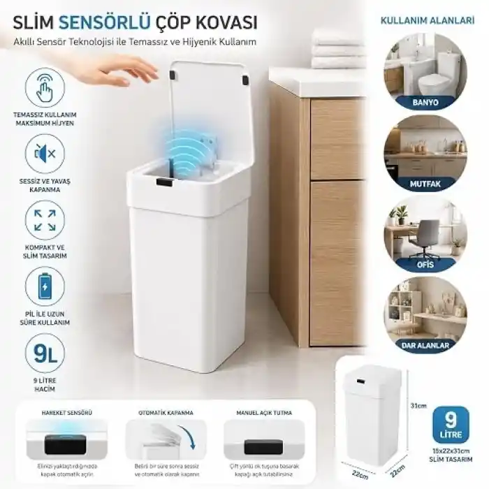 9 Litre Slim Sensörlü Çöp Kovası, Otomatik Temassız Akıllı Çöp Kutusu, Sessiz Kapanan, 2 AA Pille Çalışan, Dar Alanlar İçin Banyo, Mutfak ve Ofis Beyaz