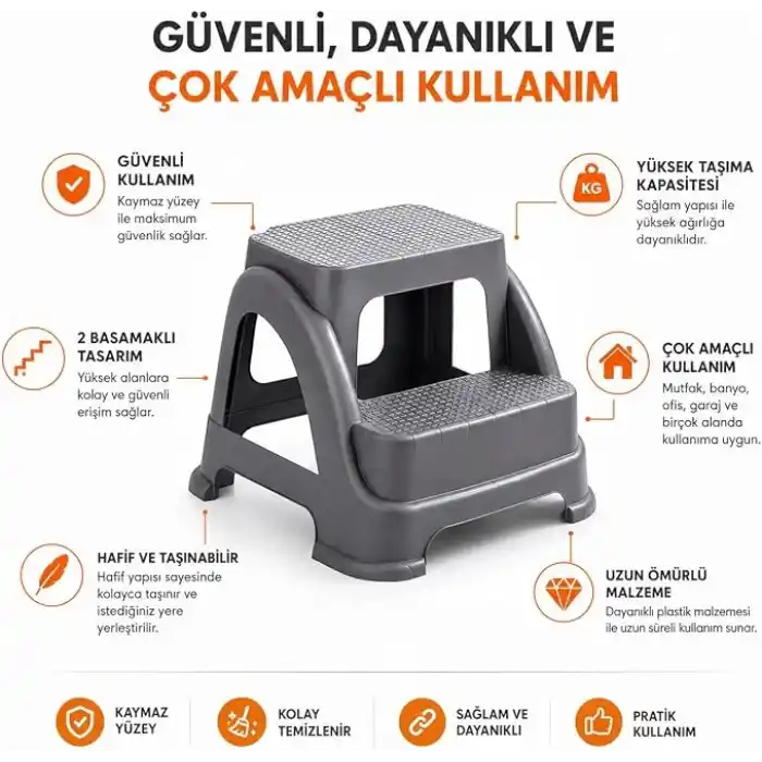 Orret Home 2 Basamaklı Merdiven Tabure Kaydırmaz Ayaklı Sağlam Plastik Basamak, Çocuk ve Yetişkin İçin Lavabo Mutfak Banyo WC Dolap Çok Amaçlı Basamak Taburesi Gri