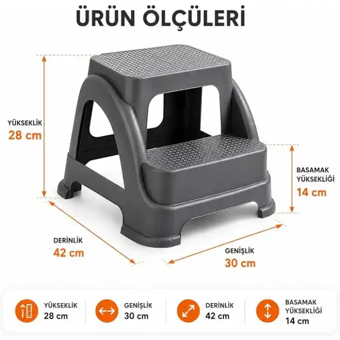 Orret Home 2 Basamaklı Merdiven Tabure Kaydırmaz Ayaklı Sağlam Plastik Basamak, Çocuk ve Yetişkin İçin Lavabo Mutfak Banyo WC Dolap Çok Amaçlı Basamak Taburesi Gri