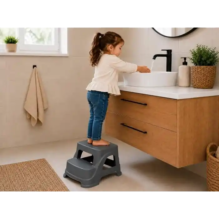 Orret Home 2 Basamaklı Merdiven Tabure Kaydırmaz Ayaklı Sağlam Plastik Basamak, Çocuk ve Yetişkin İçin Lavabo Mutfak Banyo WC Dolap Çok Amaçlı Basamak Taburesi Gri