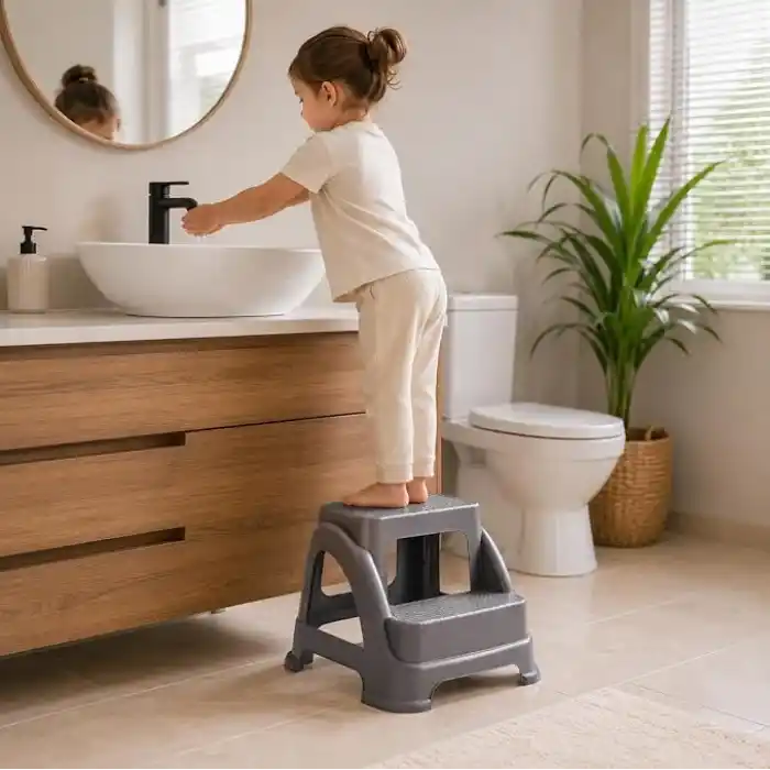 Orret Home 2 Basamaklı Merdiven Tabure Kaydırmaz Ayaklı Sağlam Plastik Basamak, Çocuk ve Yetişkin İçin Lavabo Mutfak Banyo WC Dolap Çok Amaçlı Basamak Taburesi Gri