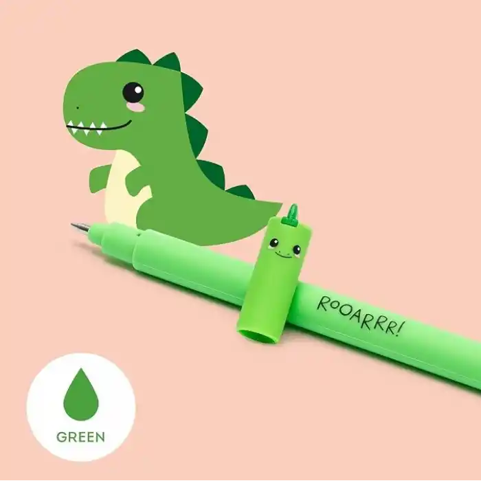 Legami - Silinebilir jel kalem, kağıdı kullanmadan mürekkebi çıkarmak için tükenmez kalem, ısıya duyarlı yeşil mürekkep, 0,7 mm uç çapı, Dino teması