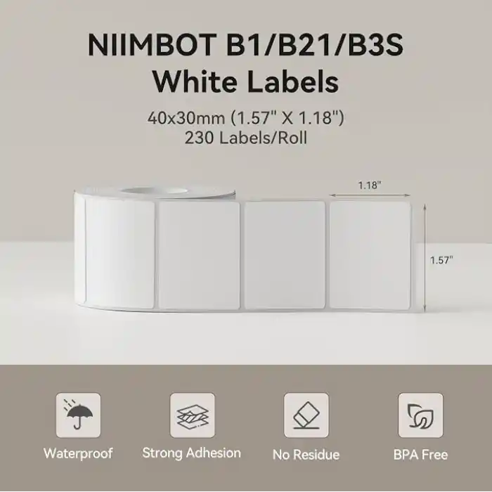 NIIMBOT B1 Etiket Bandı B21 Kendinden Yapışkanlı Etiketleme Bandı 1.5 X 1.2 (40x30mm) Termal Etiket Baskı Kağıdı NIIMBOT Barkod/Adres/Posta/Logo/İş/Ev Etiketi için Etiketler, 230 Etiket/Rulo, Beyaz