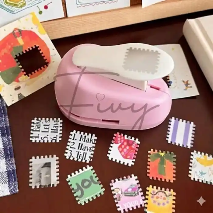 Pembe Pul Delgeç Tasarım Scrapbooking Malzemesi - Pul Şekilli Delgeç Kağıt Kesici