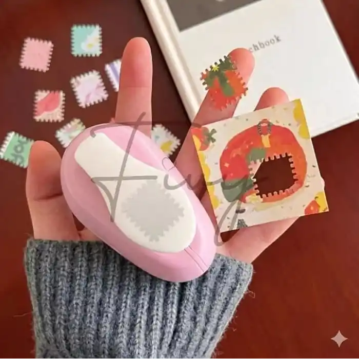 Pembe Pul Delgeç Tasarım Scrapbooking Malzemesi - Pul Şekilli Delgeç Kağıt Kesici