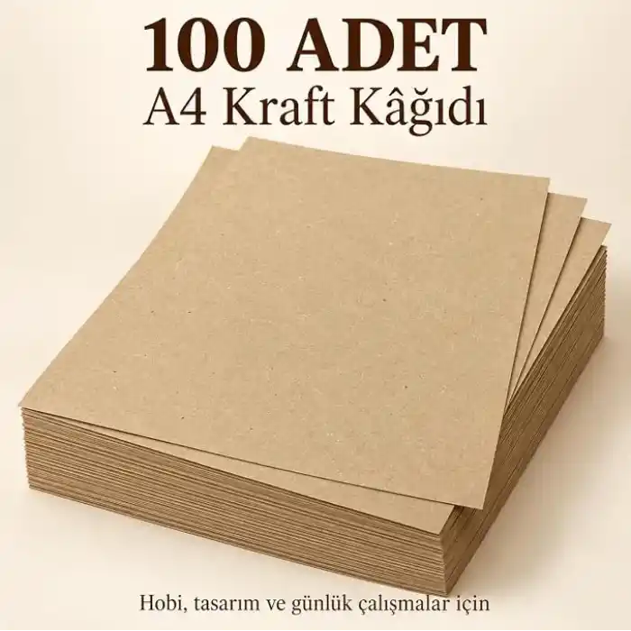 A4 Kraft Kağıdı, 100 Adet, 21 x 29,7 cm, Kahverengi, Hobi, El İşi, Çizim ve Hediye Notları İçin