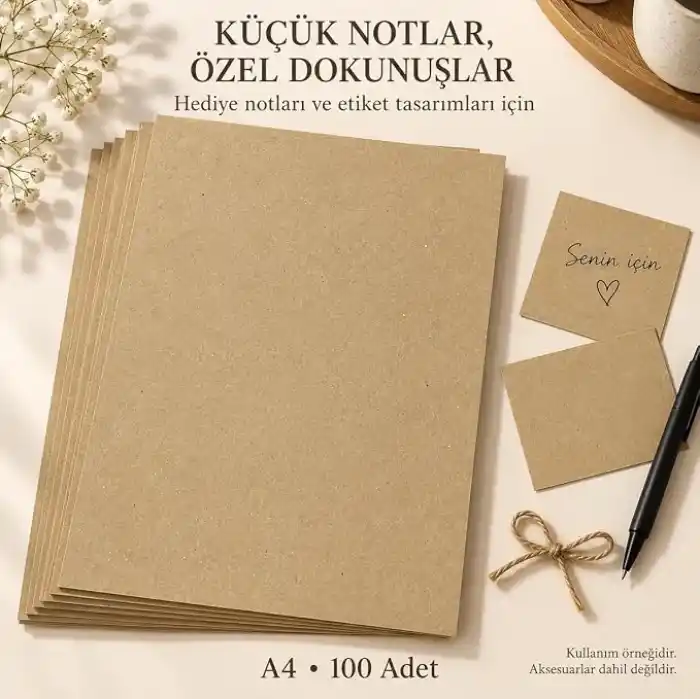 A4 Kraft Kağıdı, 100 Adet, 21 x 29,7 cm, Kahverengi, Hobi, El İşi, Çizim ve Hediye Notları İçin