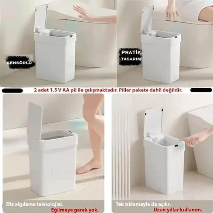 9 Litre Hareket Sensörlü Çöp Kovası, Otomatik Banyo Çöp Kovası, Çocuk Odası Çöp Sepeti, Çöp Kutusu, (2 adet 1.5 V AA pil, piller pakete dahil değildir) - 15x22x32 cm