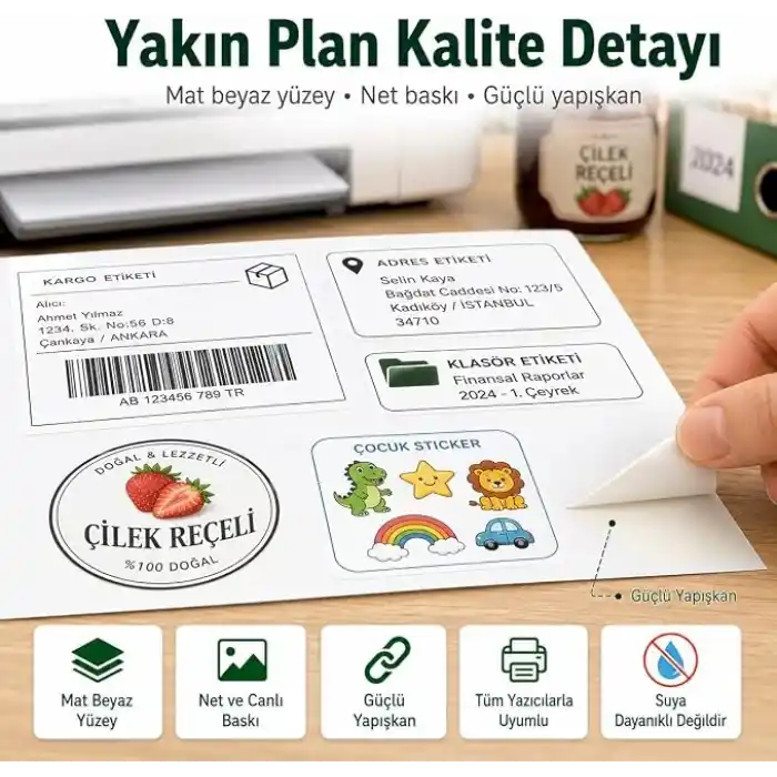 Inkjet Ve Laser Uyumlu Sticker Güçlü Yapışkanlı A4 Etiket Kağıdı MAT YÜZEYLİ 120gsm (50 yaprak)